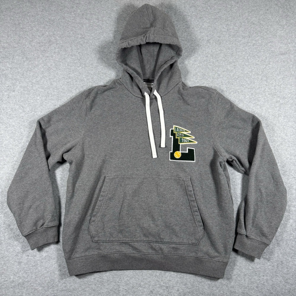 Lacoste Pullover Hoodie XL Gray Varsity Tennis 1927 Patch Logo Sweatshirt
